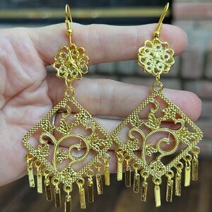 Large Fancy Gold Tone Filigree Dangle Earrings
